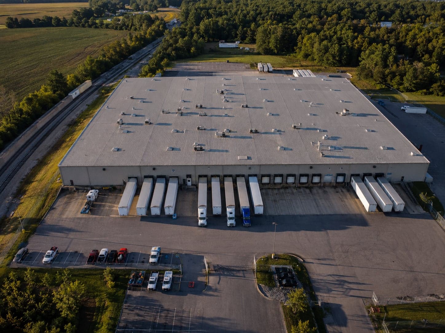 Aerial drone view of an industrial distribution facility