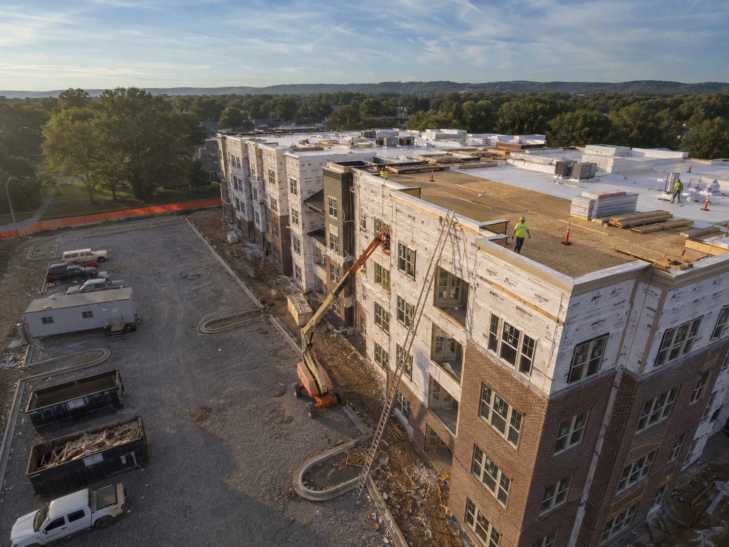Aerial drone view of a multifamily apartment complex under construction in suburban Middle Tennessee